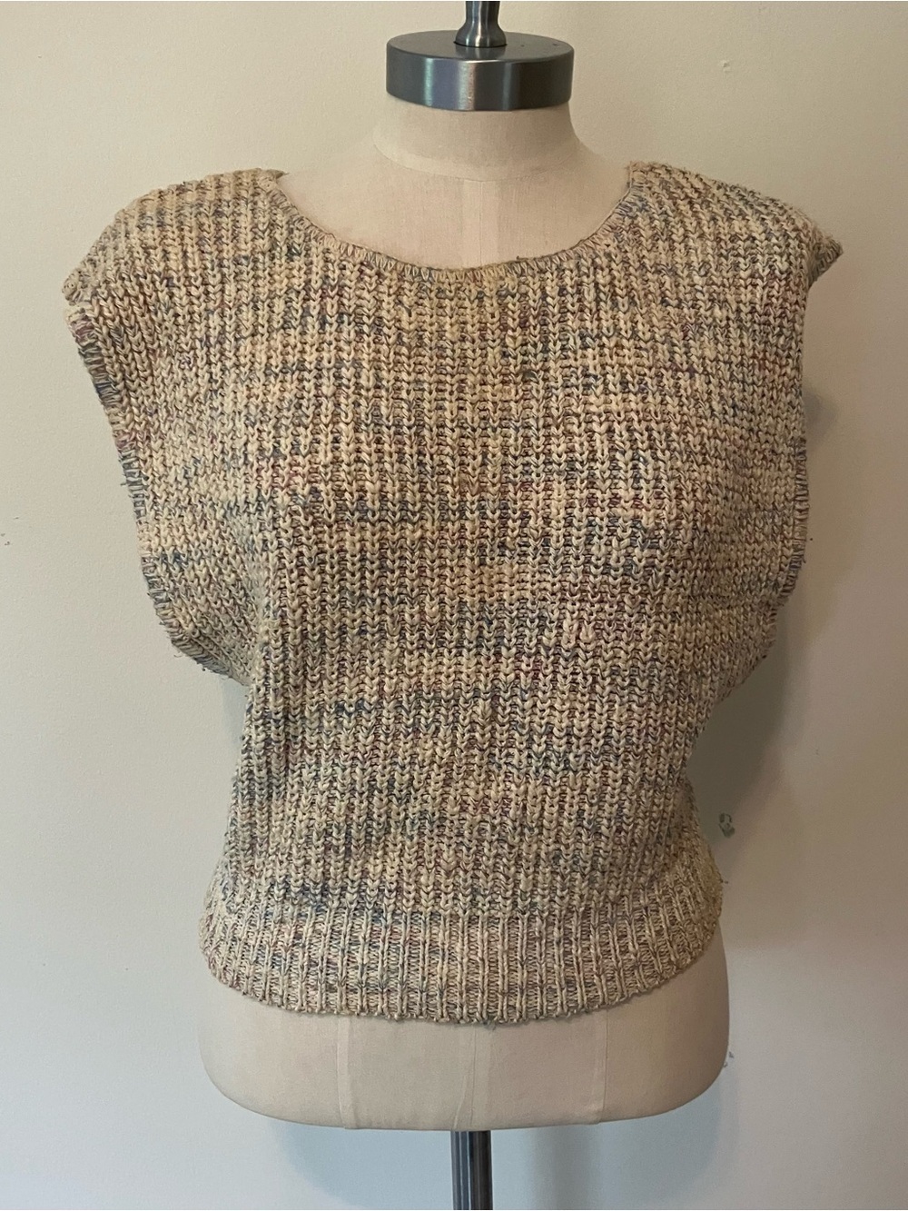 VTG Womens Shaker Chunky Sweater Knit Vest Cotton Pastel M Cottagecore Crop 80s